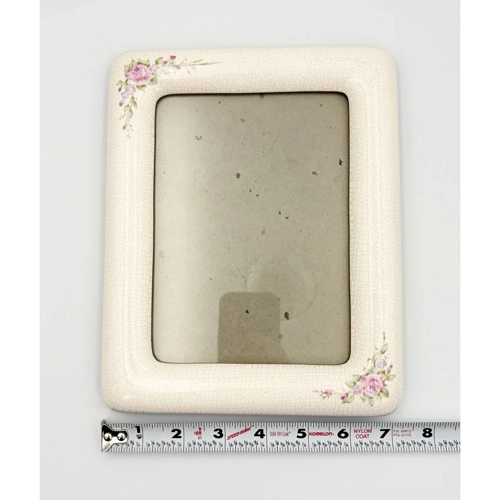 VTG Ceramic Crackle Glaze Picture Frame Cream Pink Rose Floral Cottagecore 5x7